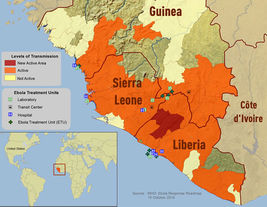 Ebola outbreak distribution in some West African countries. Photo source as above.