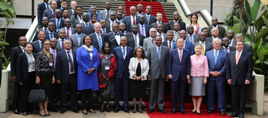 President Uhuru Kenyatta of Kenya, 5th from right, UN Secretary-General Ban Ki-moon, 4th from right, with African Ministers of Transport and Environment at the opening of the First Africa Sustainable Transport Forum in Nairobi.