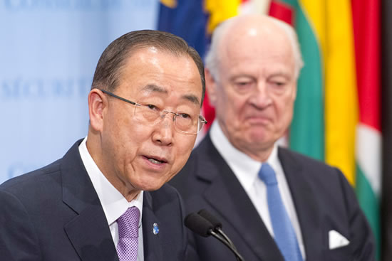 [Secretary-General Ban Ki-moon (left) and Special Envoy Staffan de Mistura brief journalists following a closed-door Security Council meeting on the situation in Syria. UN Photo/Mark Garten]