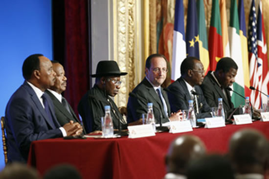 In This Photo: Goodluck Jonathan, Mahamadou Issoufou, Francois Hollande,Idriss Deby Itno, Paul Biya, Thomas Boni Yayi (L-R) Niger's President Mahamadou Issoufou, Cameroon's President Paul Biya, Nigeria's President Goodluck Jonathan, French President  Bossman Francois Hollande, Chad's President Idriss Deby and Benin's President Thomas Boni Yayi. Source: zimbio.com