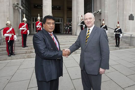 The Minister of State for the Armed Forces, Nick Harvey MP, welcomed the Tongan Prime Minister, Lord Tu'ivakano to the Ministry of Defence Photo: MoD.